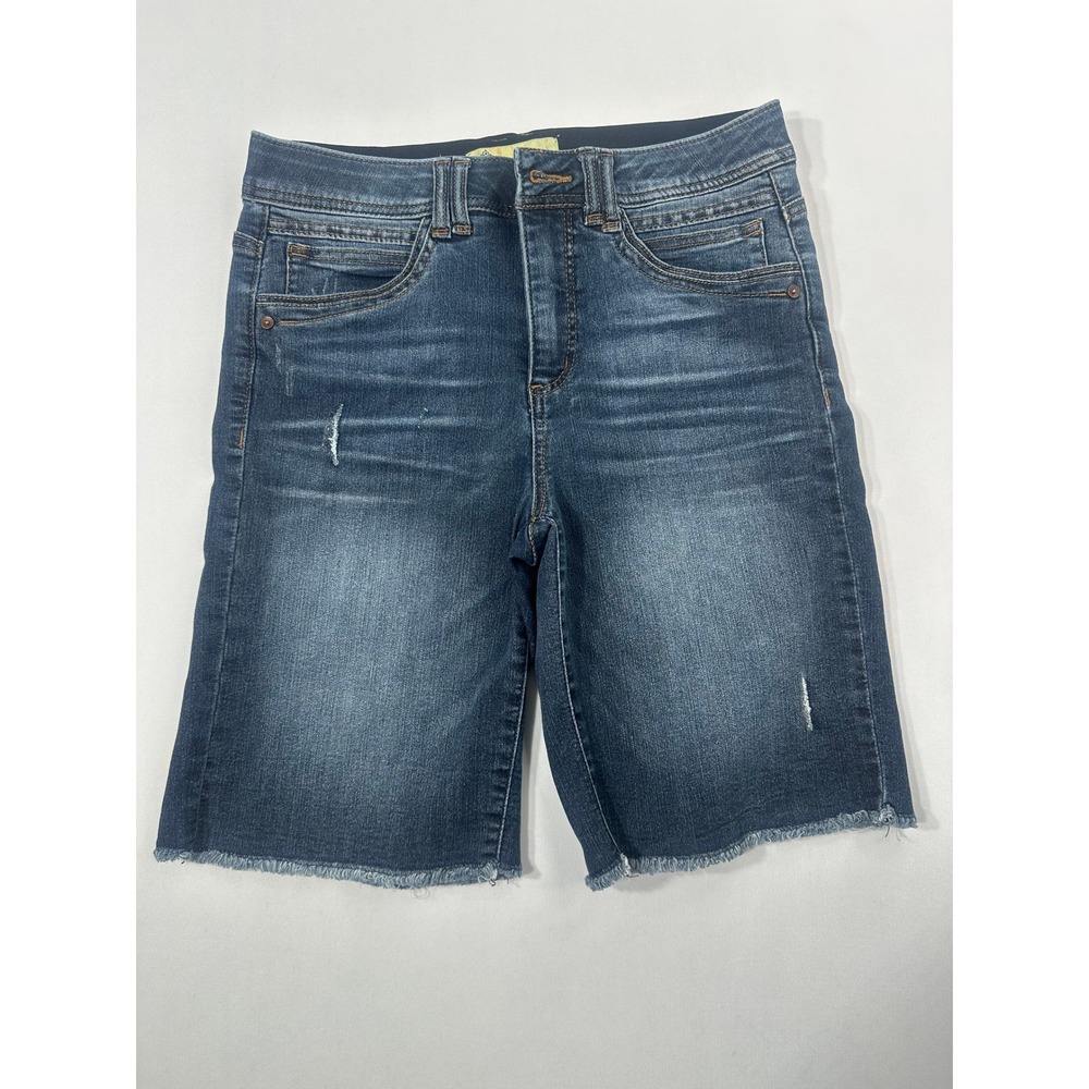 Democracy Ab Solution Bermuda Denim Shorts Dark Wash Frayed Hem Size 6